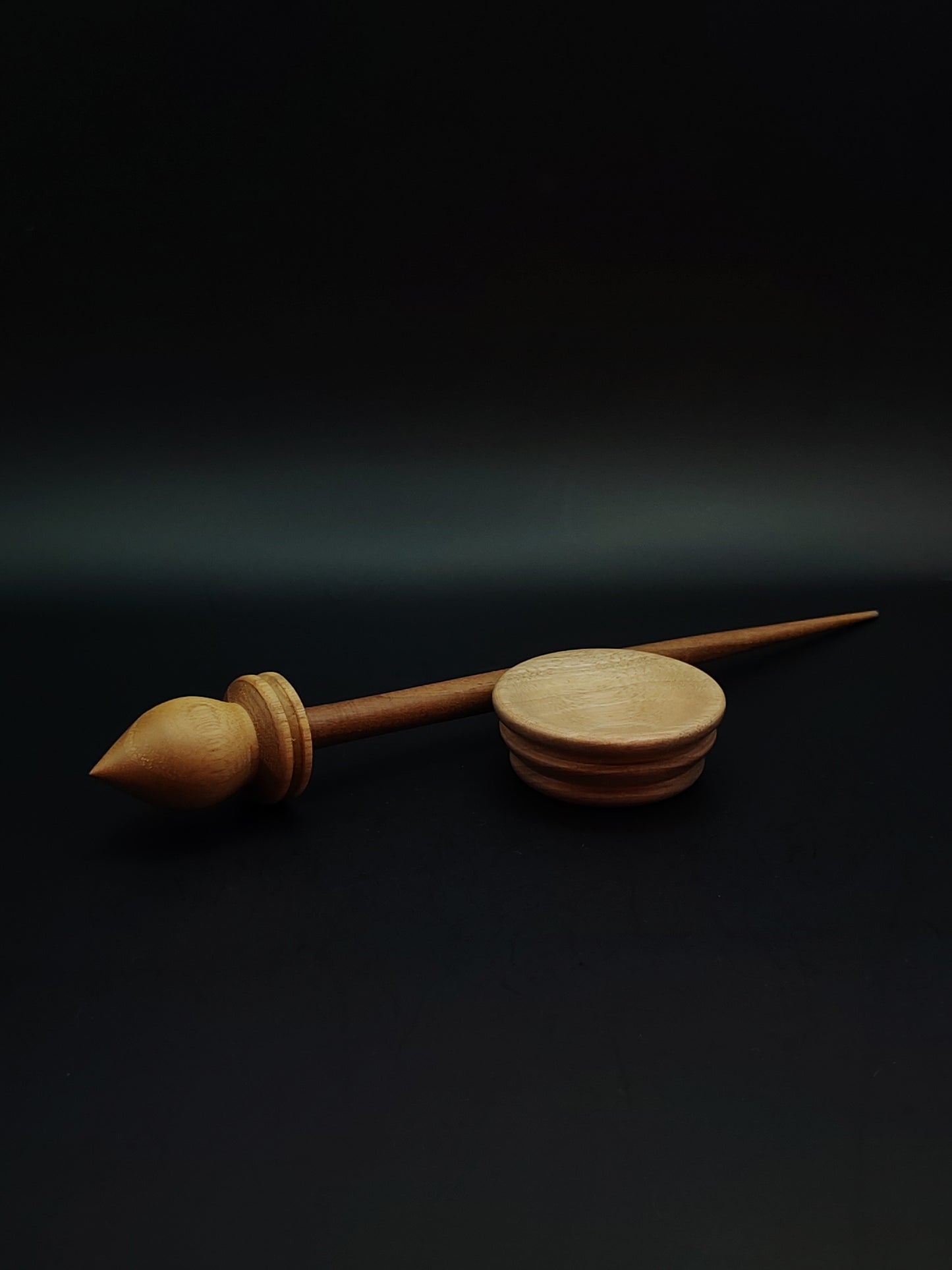 Support Spindle Set – Oak Whorl & Walnut Shaft – 21g / 0.74oz, 24.5cm / 9.6in – With Grey Walnut Support Bowl | Organic Wax Finish | Kravelli Spindles