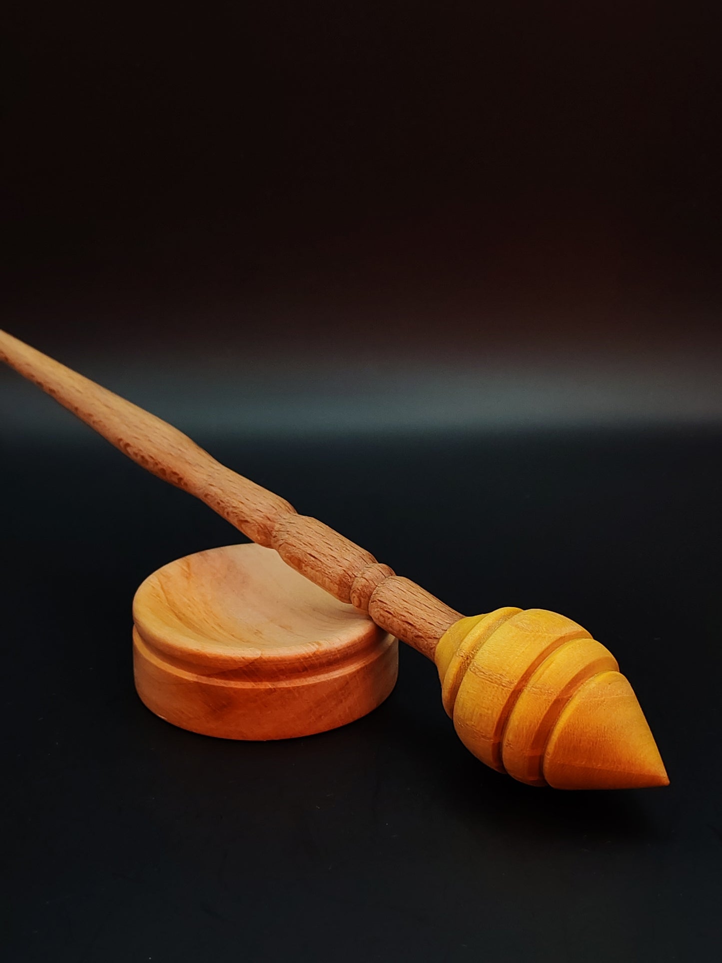 Support Spindle Set: Mulberry Whorl & Beech Shaft (25 cm / 9.84 in • 24 g / 0.85 oz) with Pear Wood Support Bowl