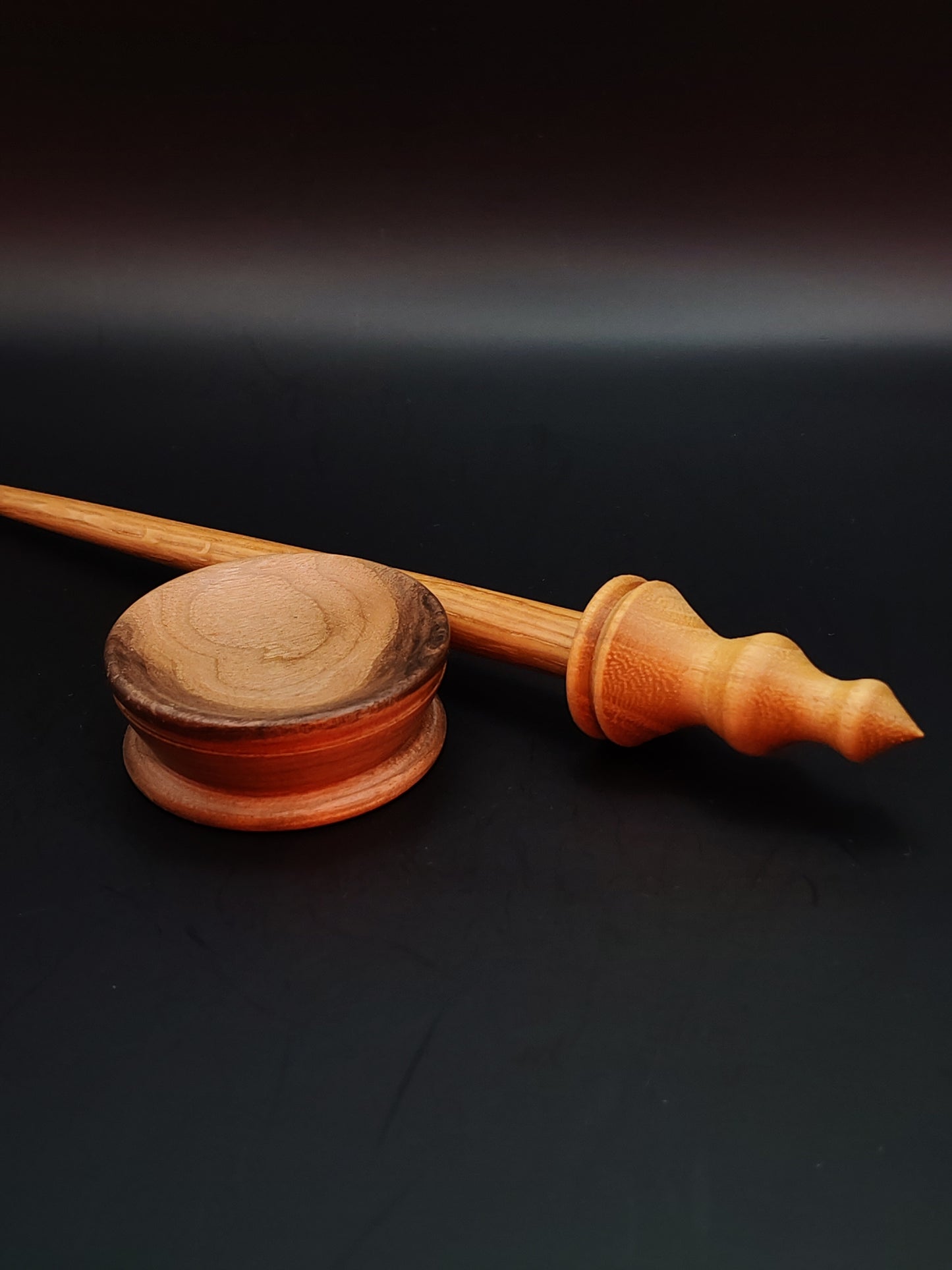 Support Spindle Set: Oak Shaft & Mulberry Whorl (26 cm / 10.24 in • 19 g / 0.67 oz) with Walnut Support Bowl