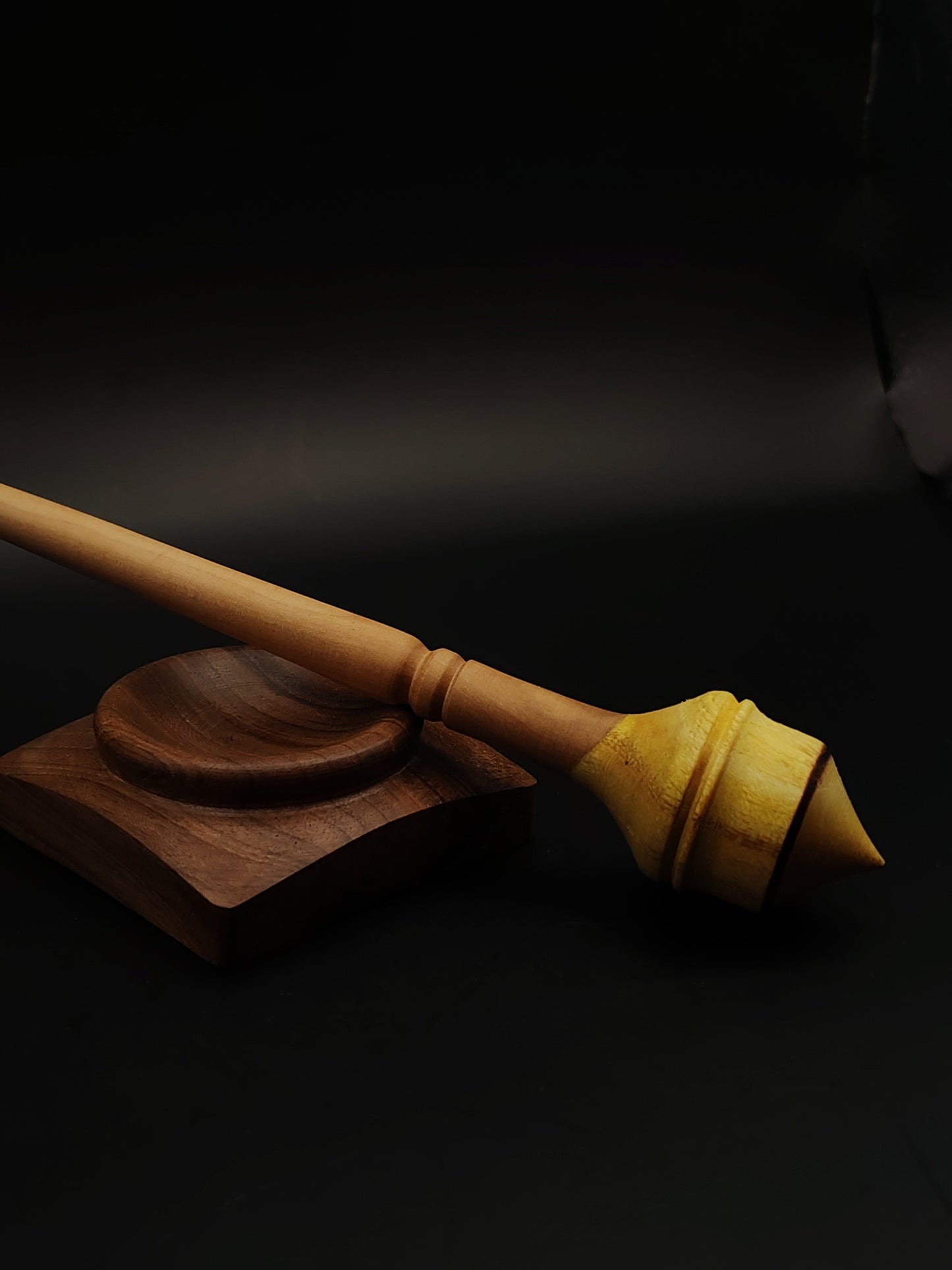 Support Spindle Set: Pear Shaft & Mulberry Whorl (23.5 cm / 9.25 in, 18 g / 0.63 oz) with Walnut Support Bowl
