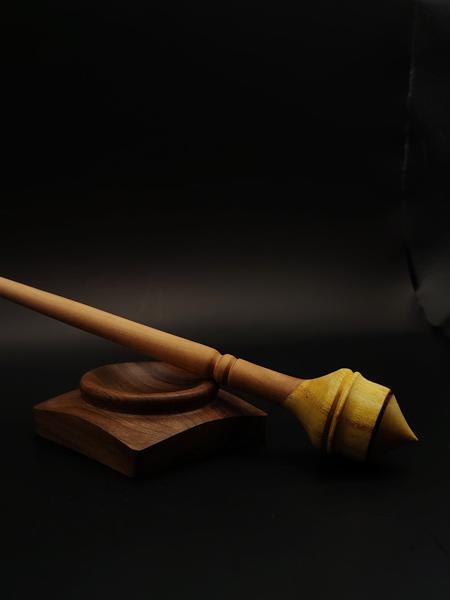 Support Spindle Set: Pear Shaft & Mulberry Whorl (23.5 cm / 9.25 in, 18 g / 0.63 oz) with Walnut Support Bowl