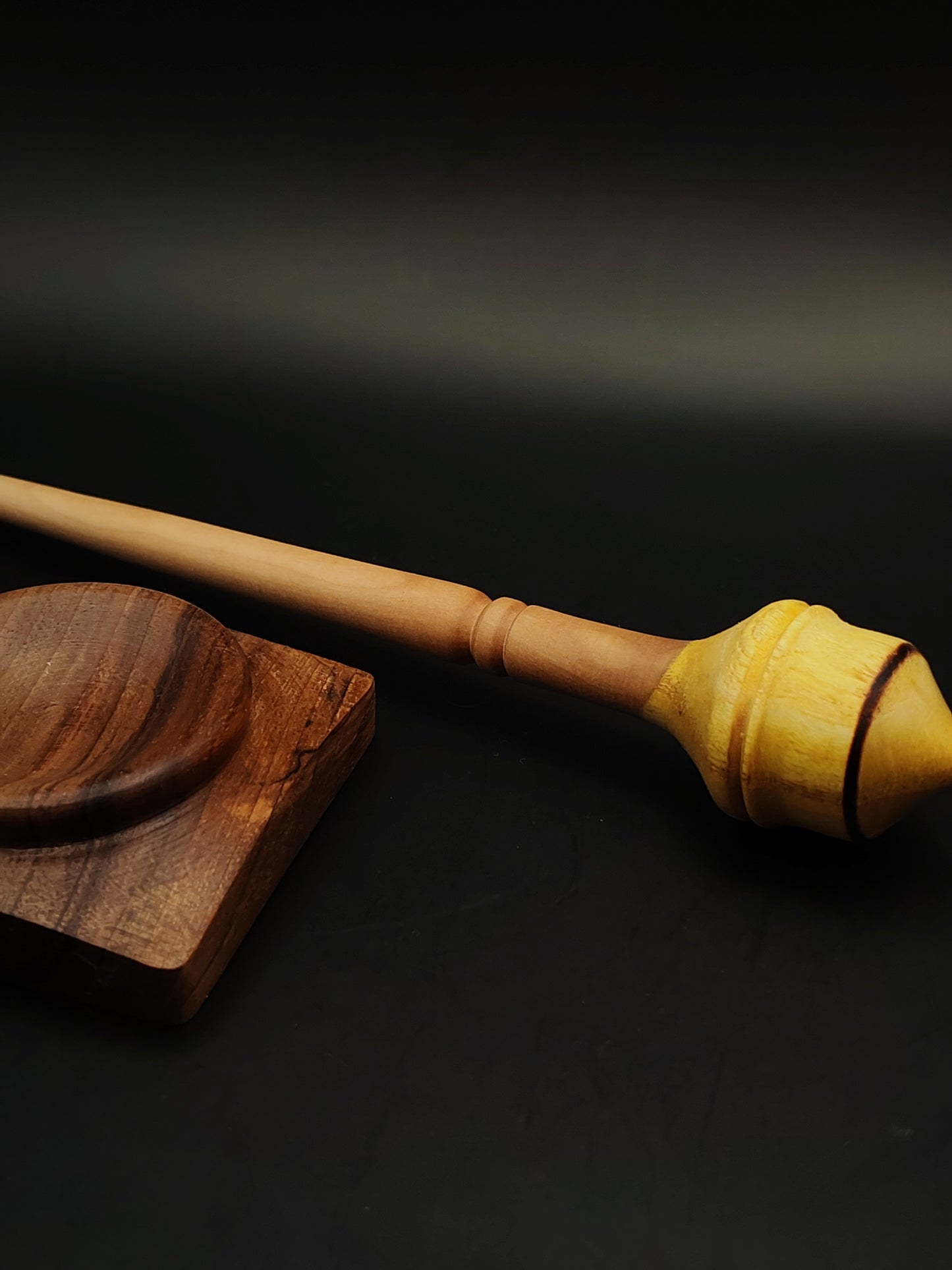Support Spindle Set: Pear Shaft & Mulberry Whorl (23.5 cm / 9.25 in, 18 g / 0.63 oz) with Walnut Support Bowl
