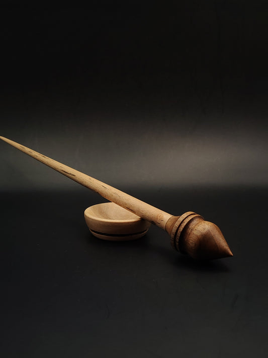 Support Spindle Set – Dark Walnut Whorl & White Walnut Shaft – 18g / 0.63oz, 26.5cm / 10.43in – With White Walnut Support Bowl | Lightweight Spindle for Fine Fibers | Kravelli Spindles