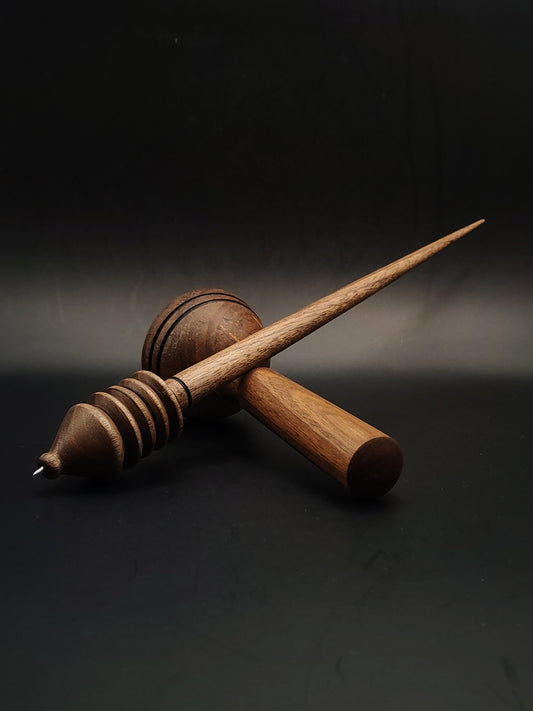 Walnut Support Spindle Set with Stainless Steel Tip – 32g / 1.13oz, 28cm / 11.02in – With Walnut Lap Support Bowl | Heavyweight Spindle for Stable Supported Spinning | Kravelli Spindles
