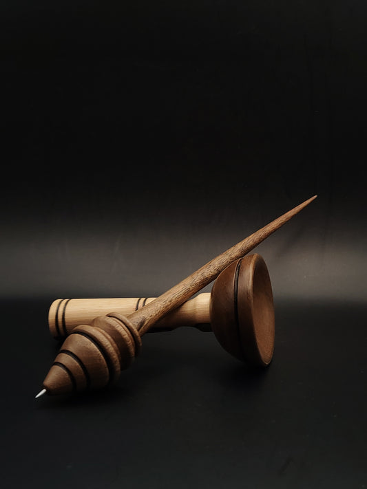 Walnut Support Spindle Set with Stainless Steel Tip – 33g / 1.16oz, 26.8cm / 10.55in – With Walnut Lap Support Bowl | Heavy Spindle for Smooth Supported Spinning | Kravelli Spindles