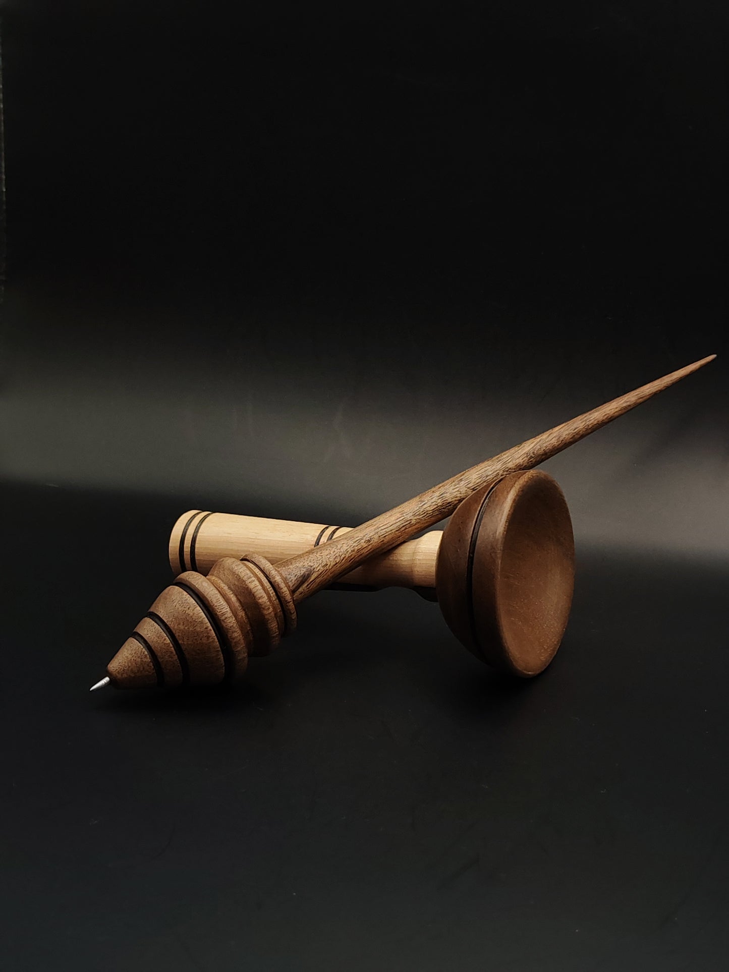 Walnut Support Spindle Set with Stainless Steel Tip – 33g / 1.16oz, 26.8cm / 10.55in – With Walnut Lap Support Bowl | Heavy Spindle for Smooth Supported Spinning | Kravelli Spindles