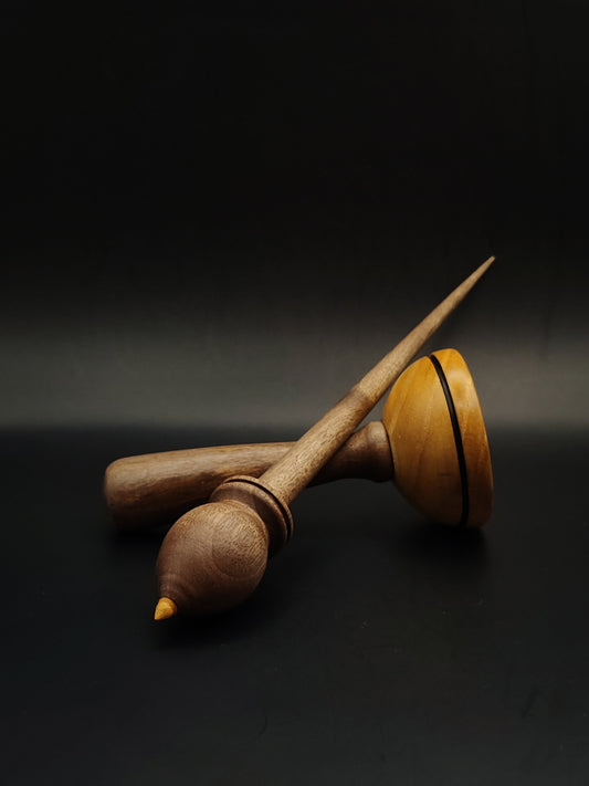 Walnut Support Spindle Set – 28g / 0.99oz, 28cm / 11.02in – With Mulberry & Walnut Lap Support Bowl | Medium-Heavy Spindle for Supported Spinning | Kravelli Spindles
