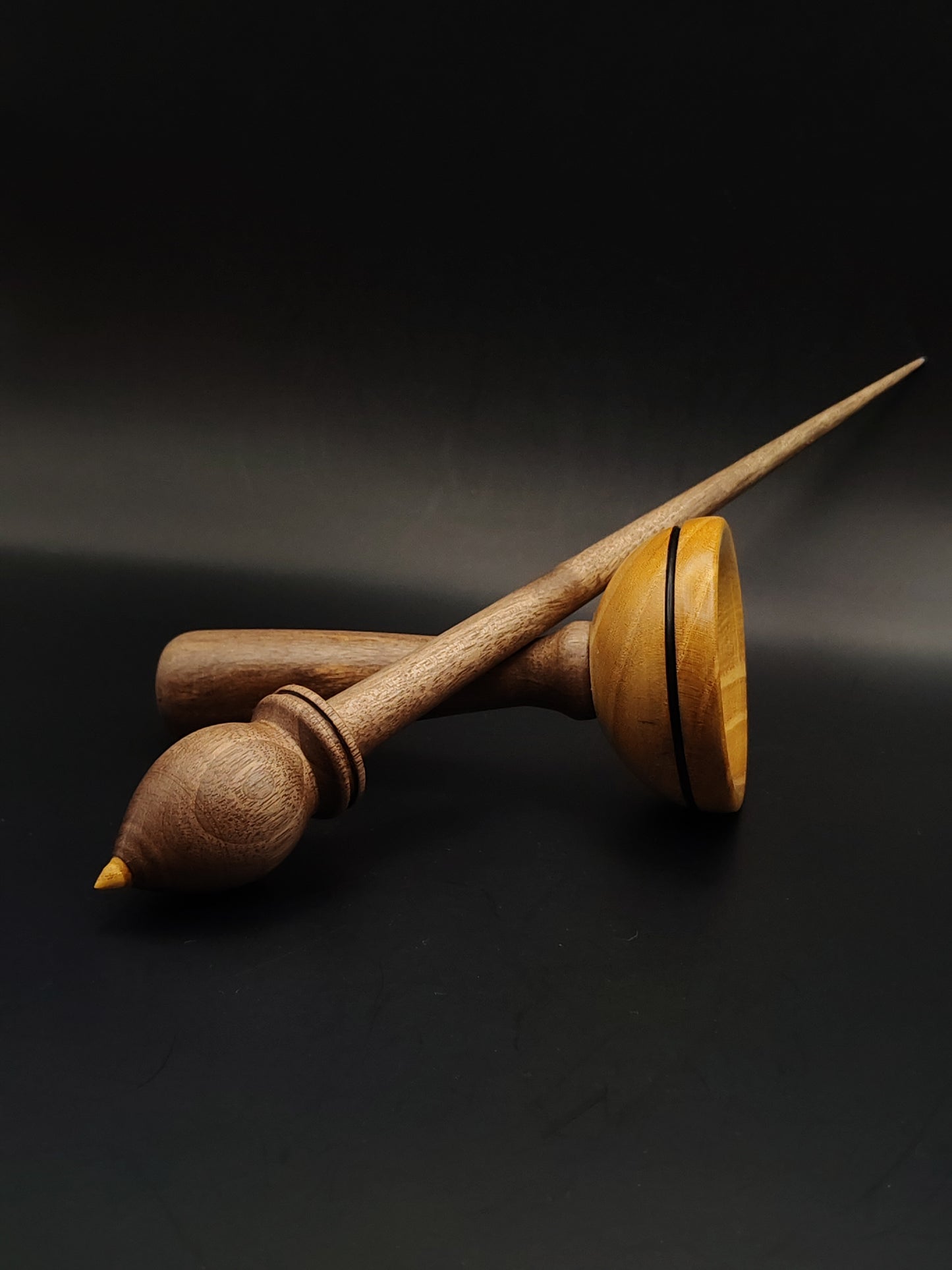 Walnut Support Spindle Set – 28g / 0.99oz, 28cm / 11.02in – With Mulberry & Walnut Lap Support Bowl | Medium-Heavy Spindle for Supported Spinning | Kravelli Spindles