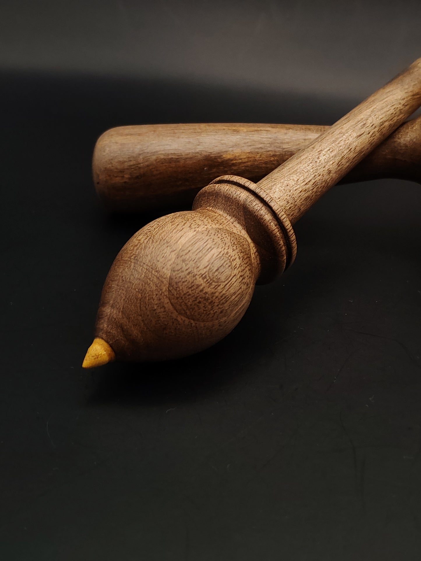 Walnut Support Spindle Set – 28g / 0.99oz, 28cm / 11.02in – With Mulberry & Walnut Lap Support Bowl | Medium-Heavy Spindle for Supported Spinning | Kravelli Spindles