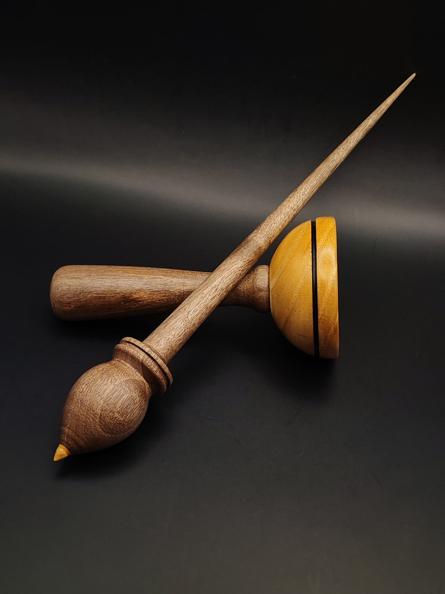 Walnut Support Spindle Set – 28g / 0.99oz, 28cm / 11.02in – With Mulberry & Walnut Lap Support Bowl | Medium-Heavy Spindle for Supported Spinning | Kravelli Spindles