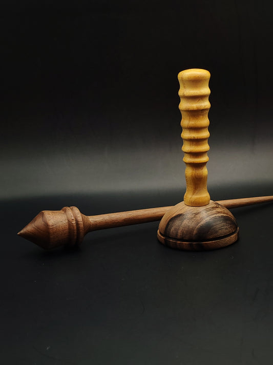 Walnut Support Spindle Set – 27g / 0.95oz, 28cm / 11.02in – With Walnut & Mulberry Lap Support Bowl | Balanced Spindle for Medium Fibers | Kravelli Spindles