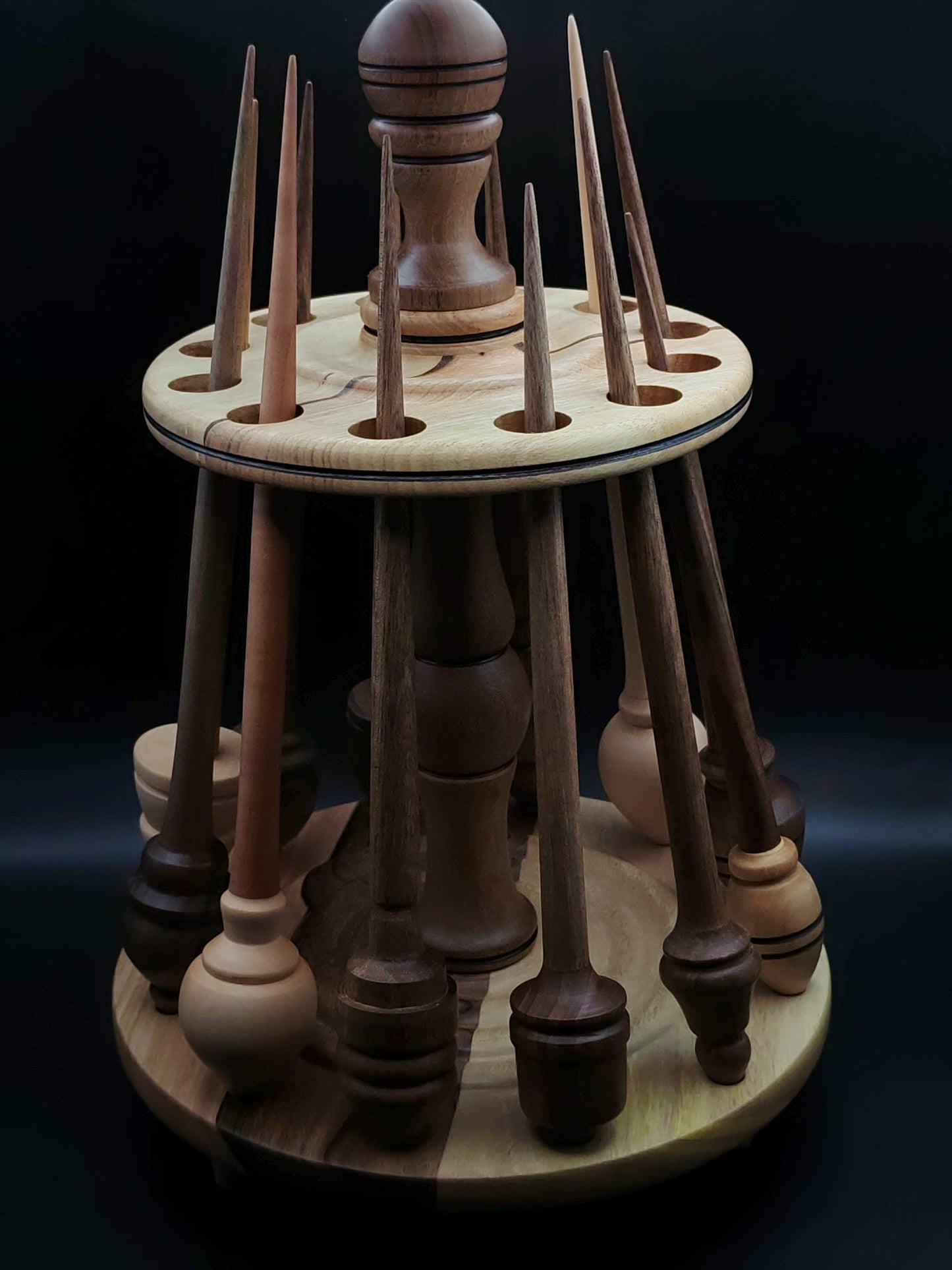 12-Spindle Storage Tower – Walnut & Pear Wood – Spinning Tool Organizer for Drop and Support Spindles | Vertical Stand with Organic Wax Finish | Kravelli