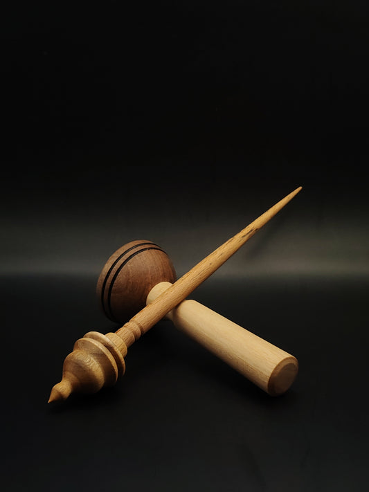 Support Spindle Set – Mulberry Whorl & Beech Shaft – 22g / 0.77oz, 26cm / 10.23in – With Pear & Walnut Lap Support Bowl | Balanced Spindle for Fine to Medium Fibers | Kravelli Spindles