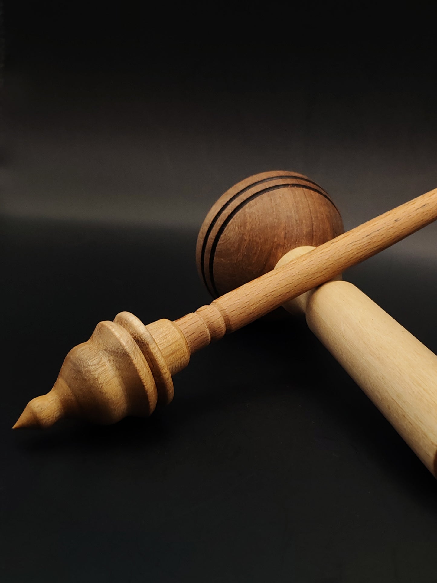 Support Spindle Set – Mulberry Whorl & Beech Shaft – 22g / 0.77oz, 26cm / 10.23in – With Pear & Walnut Lap Support Bowl | Balanced Spindle for Fine to Medium Fibers | Kravelli Spindles