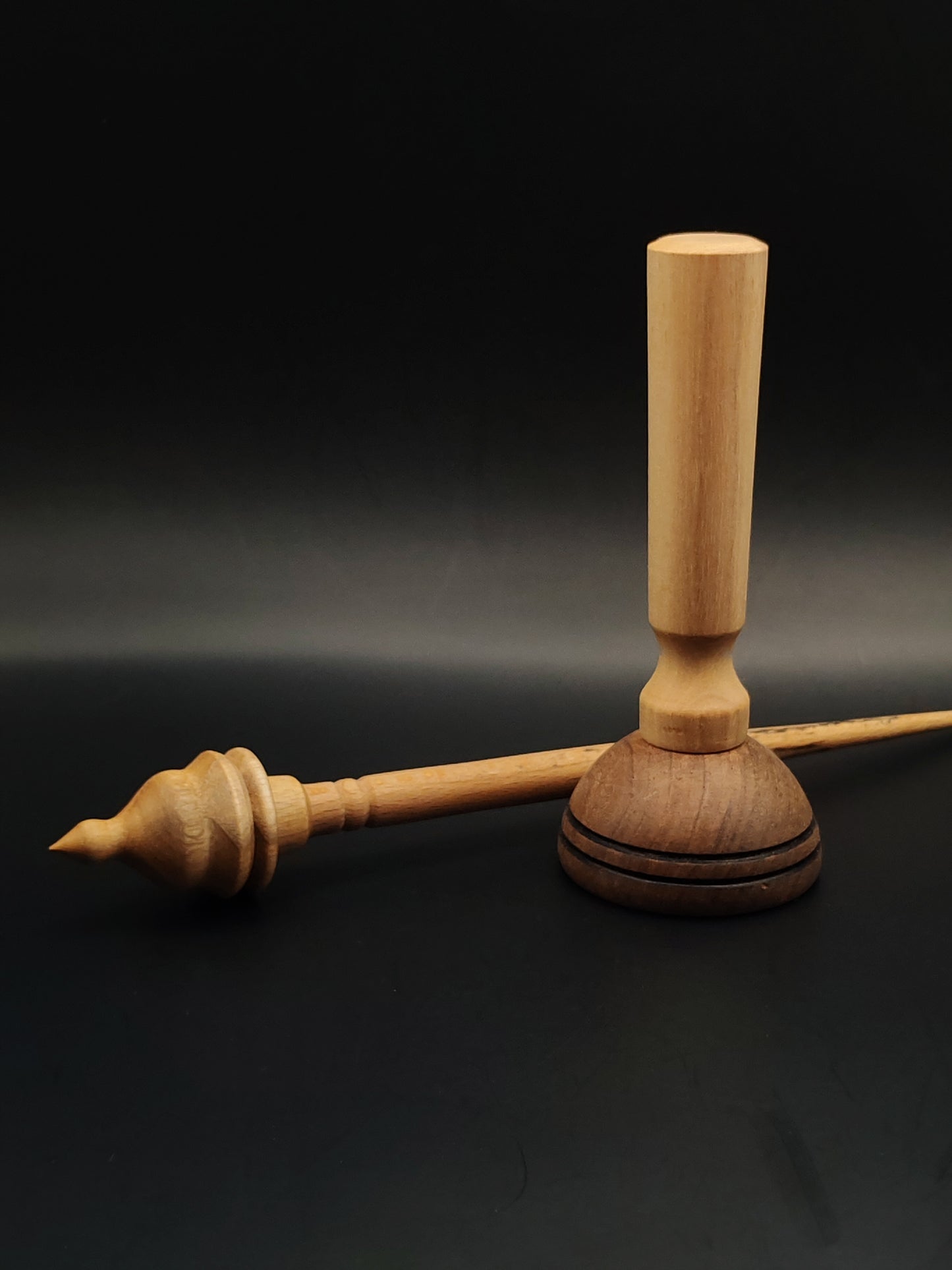 Support Spindle Set – Mulberry Whorl & Beech Shaft – 22g / 0.77oz, 26cm / 10.23in – With Pear & Walnut Lap Support Bowl | Balanced Spindle for Fine to Medium Fibers | Kravelli Spindles