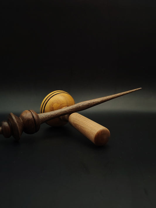 Walnut Support Spindle Set – 33g / 1.16oz, 25cm / 9.84in – With Grey Walnut & Mulberry Lap Support Bowl | Heavy Spindle for Controlled Supported Spinning | Kravelli Spindles