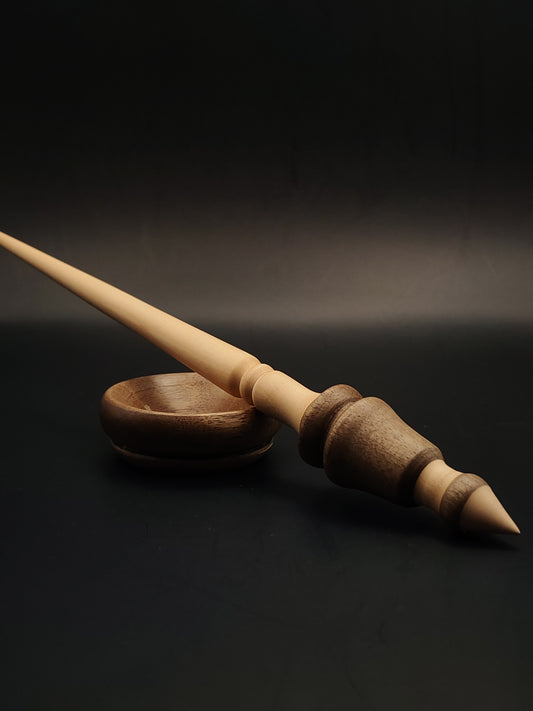 Support Spindle – Walnut & Pear Wood – 23g / 0.81oz, 27.5cm / 10.82in – With Walnut Support Bowl | Medium-Light Supported Spindle for Wool & Blends | Kravelli Spindles