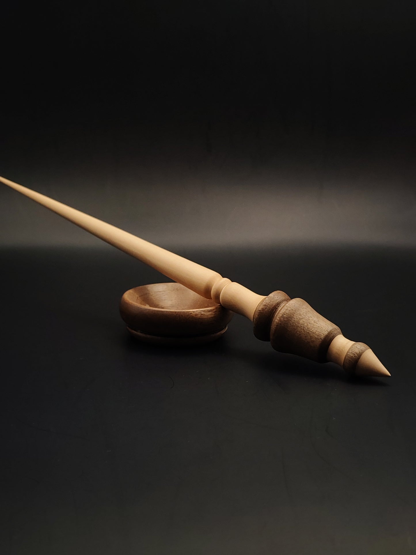 Support Spindle – Walnut & Pear Wood – 23g / 0.81oz, 27.5cm / 10.82in – With Walnut Support Bowl | Medium-Light Supported Spindle for Wool & Blends | Kravelli Spindles