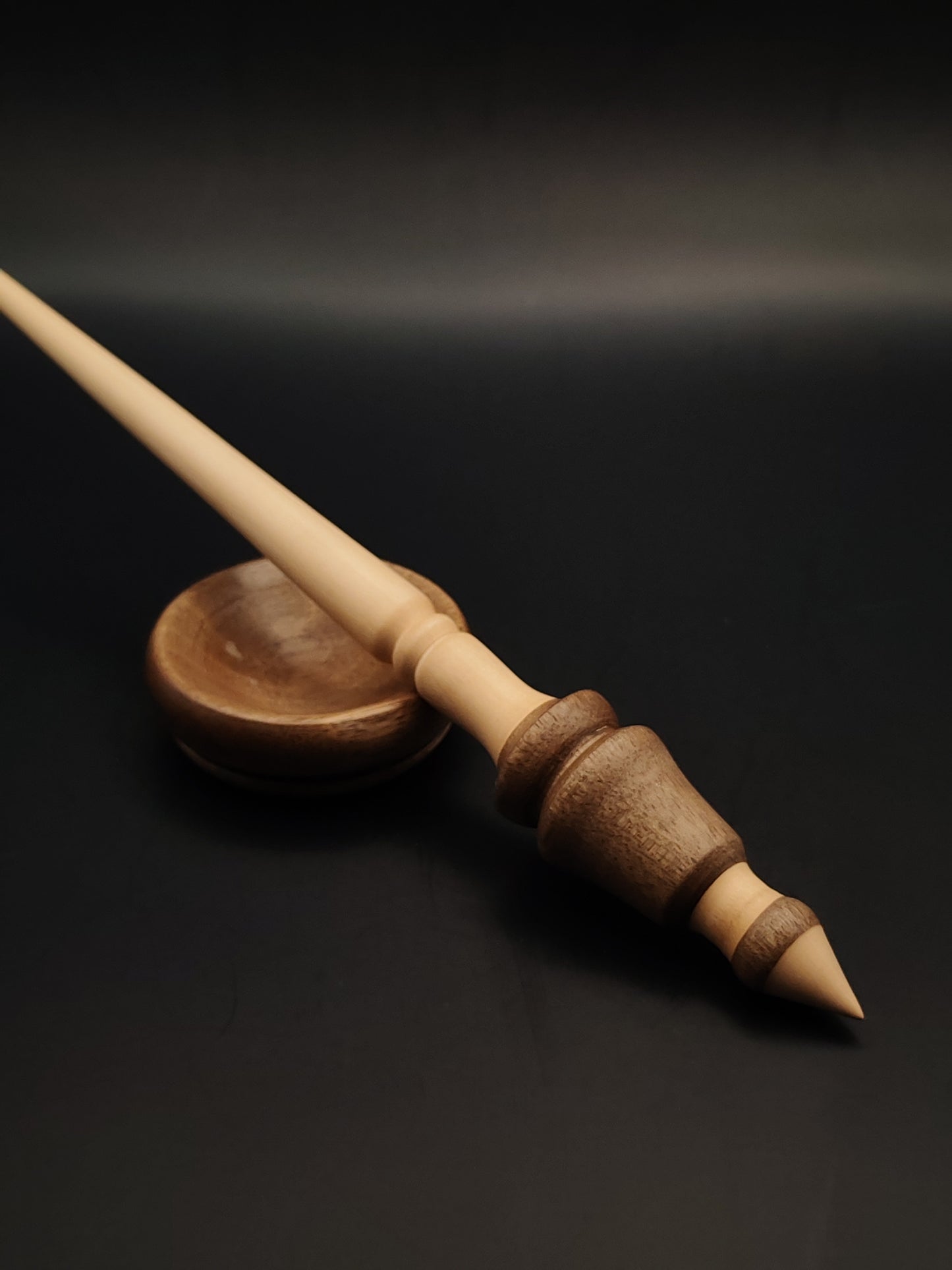 Support Spindle – Walnut & Pear Wood – 23g / 0.81oz, 27.5cm / 10.82in – With Walnut Support Bowl | Medium-Light Supported Spindle for Wool & Blends | Kravelli Spindles