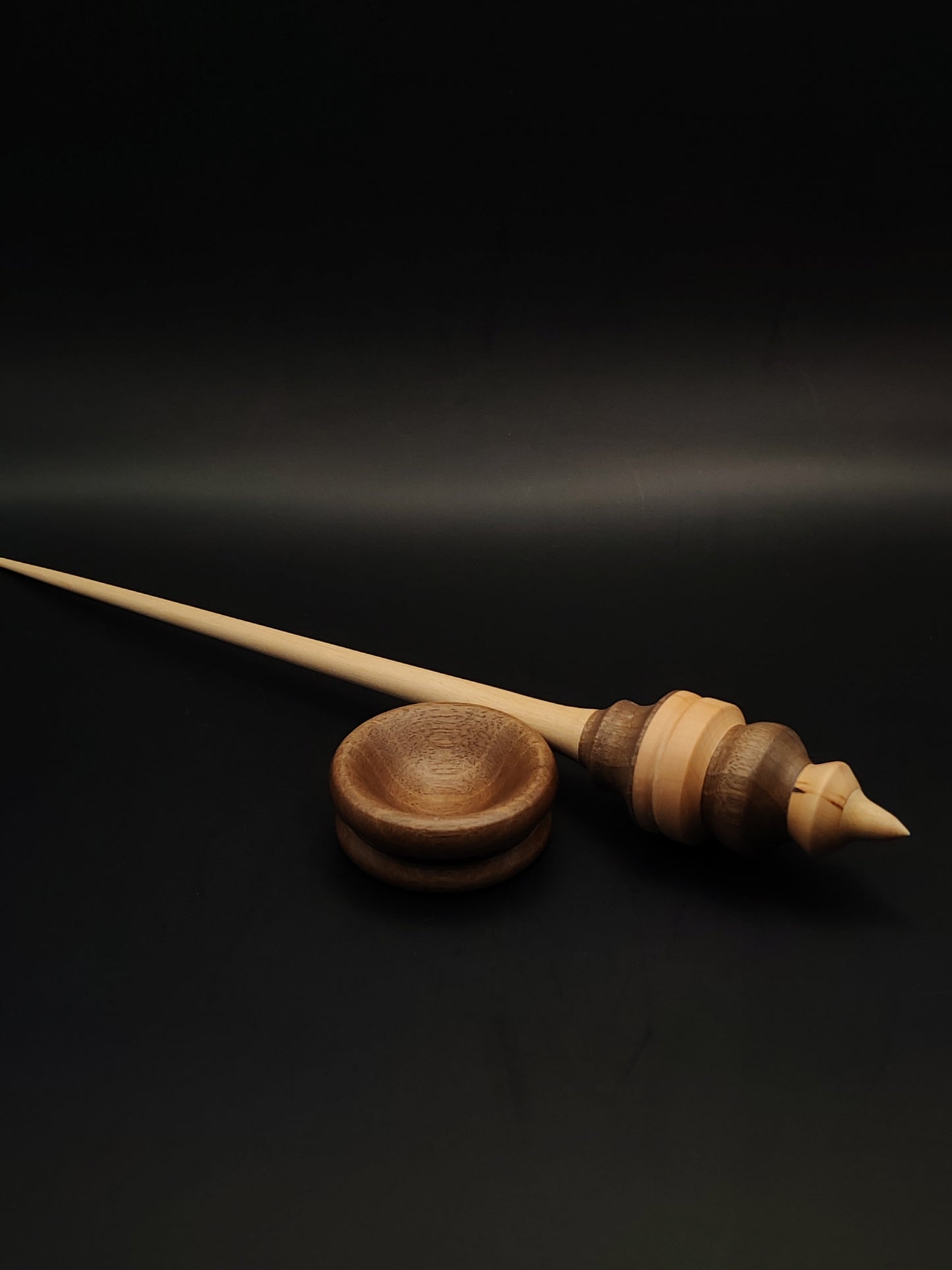 Support Spindle – Walnut & Pear Wood – 32g / 1.12oz, 29cm / 11.41in – With Walnut Support Bowl | Long Support Spindle for Medium to Heavy Fibers | Kravelli Spindles