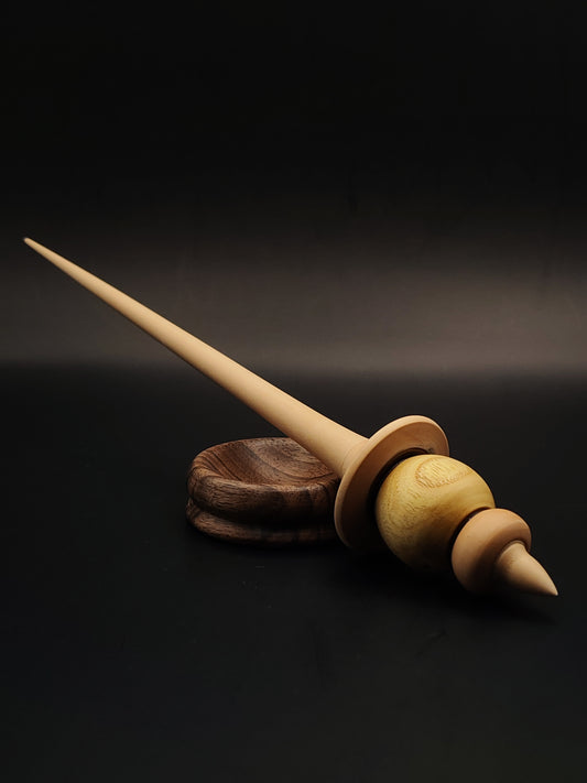 Support Spindle – Pear & Mulberry Wood – 25g / 0.88oz, 26.5cm / 10.43in – With Walnut Support Bowl | Balanced Spindle for Supported Spinning | Kravelli Spindles