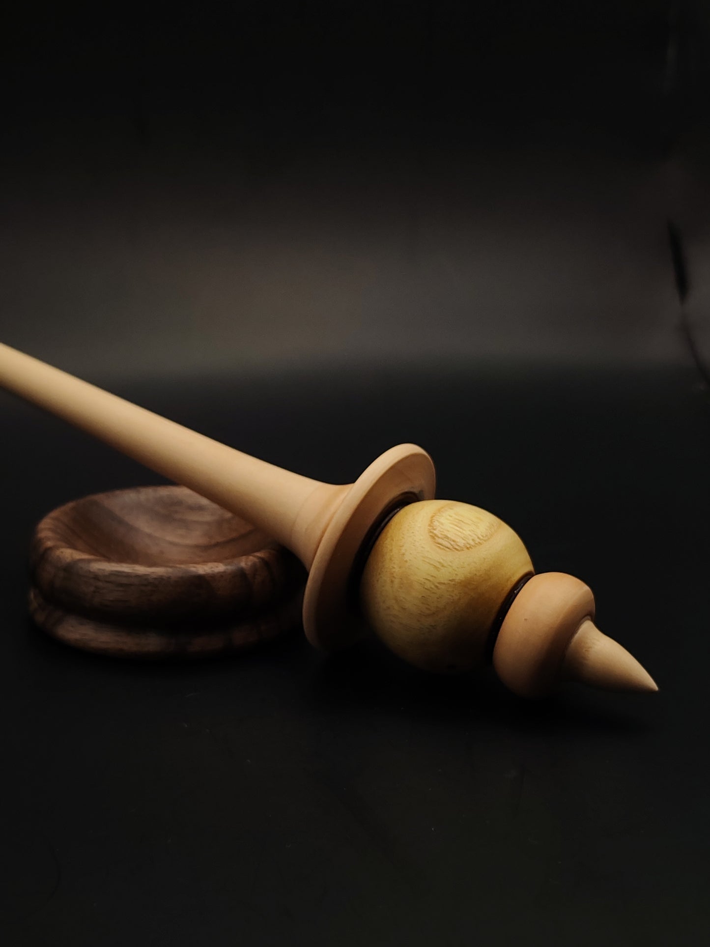 Support Spindle – Pear & Mulberry Wood – 25g / 0.88oz, 26.5cm / 10.43in – With Walnut Support Bowl | Balanced Spindle for Supported Spinning | Kravelli Spindles