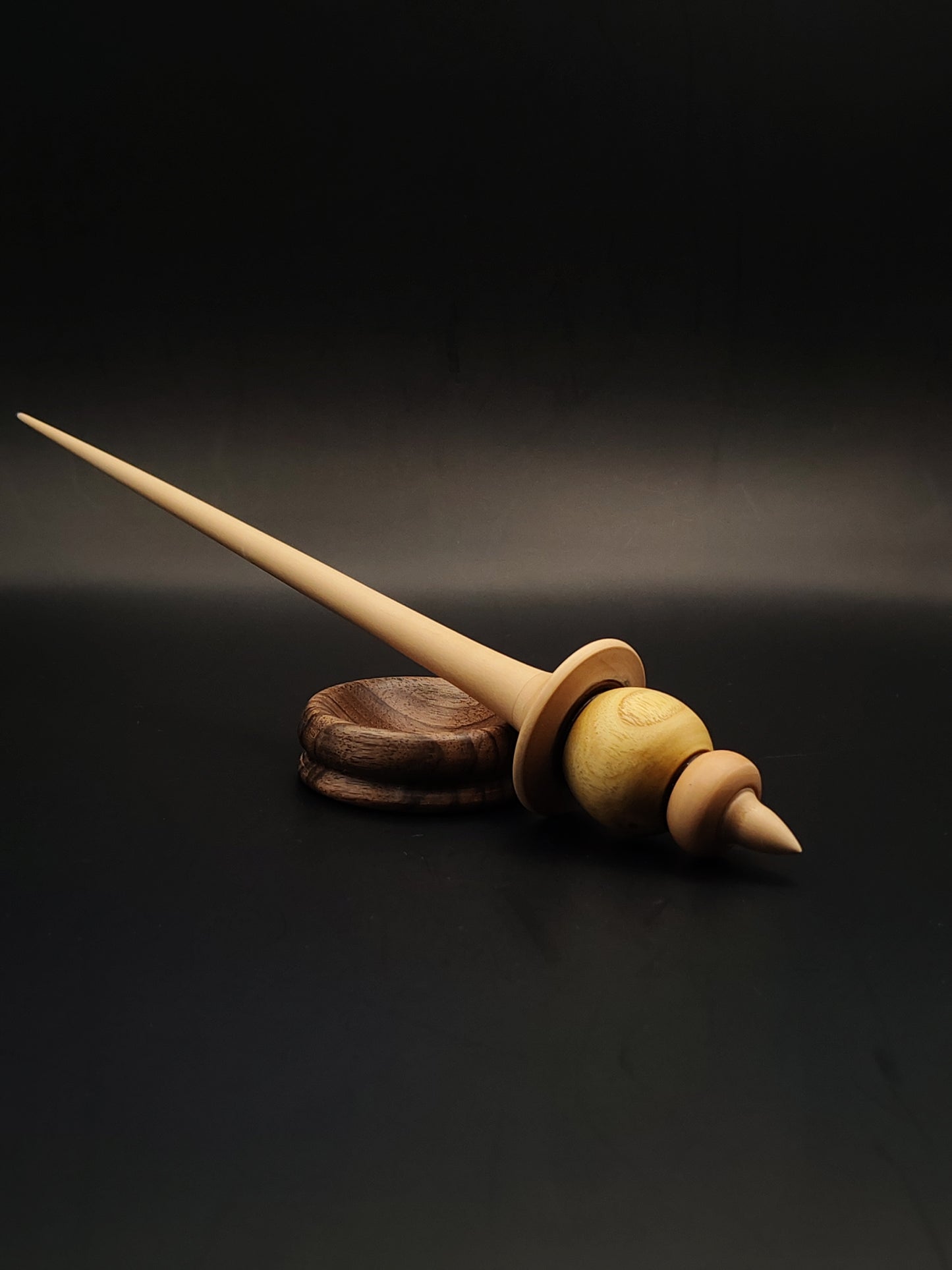 Support Spindle – Pear & Mulberry Wood – 25g / 0.88oz, 26.5cm / 10.43in – With Walnut Support Bowl | Balanced Spindle for Supported Spinning | Kravelli Spindles