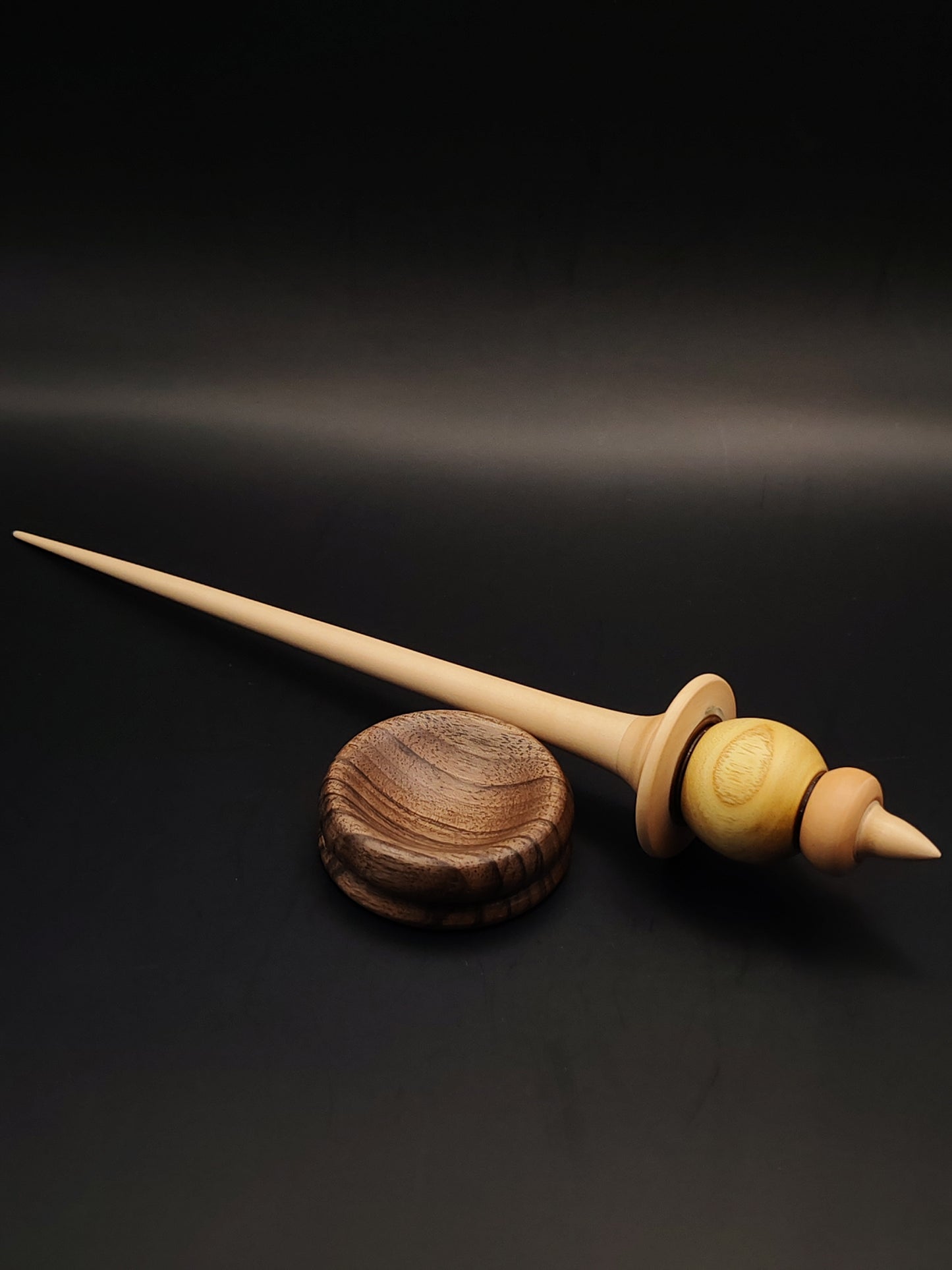 Support Spindle – Pear & Mulberry Wood – 25g / 0.88oz, 26.5cm / 10.43in – With Walnut Support Bowl | Balanced Spindle for Supported Spinning | Kravelli Spindles