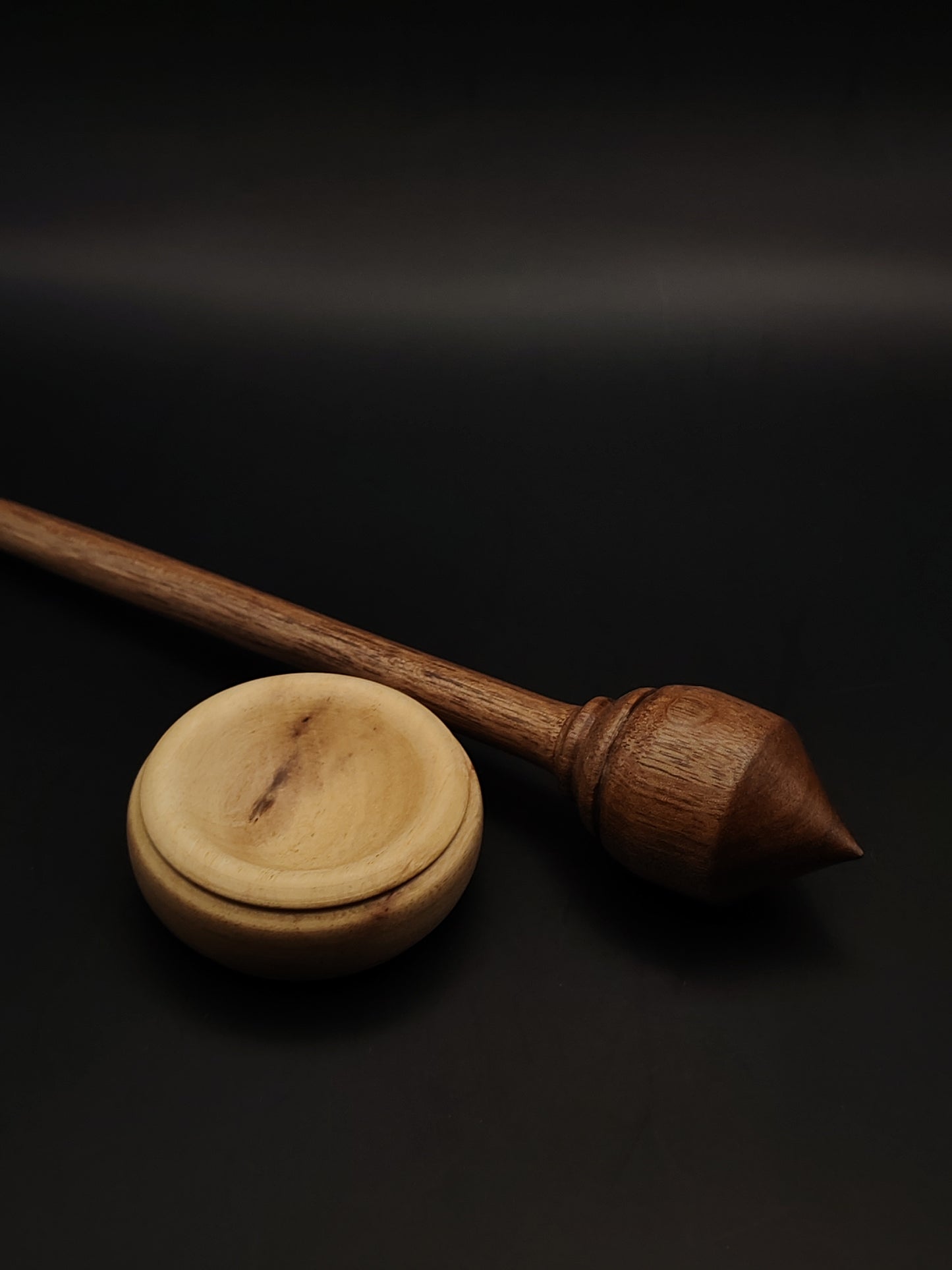 Walnut Support Spindle Set – 28g / 0.98oz, 27cm / 10.62in – With Apple Support Bowl | Medium Spindle for Supported Spinning | Kravelli Spindles