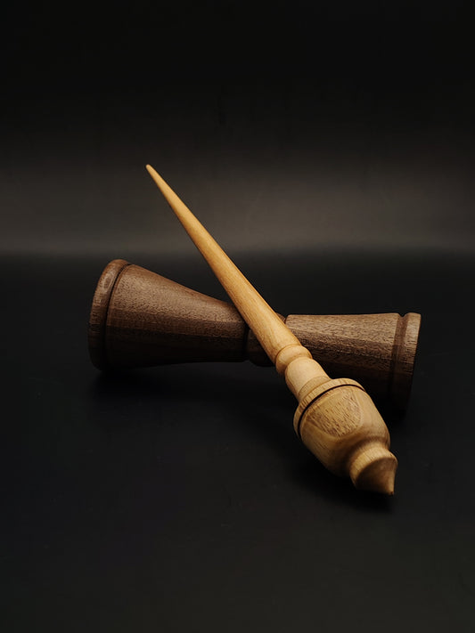 Oak Support Spindle Set – 19g / 0.67oz, 22cm / 8.66in – With Walnut Lap Support Bowl | Compact Lightweight Spindle for Supported Spinning | Kravelli Spindles