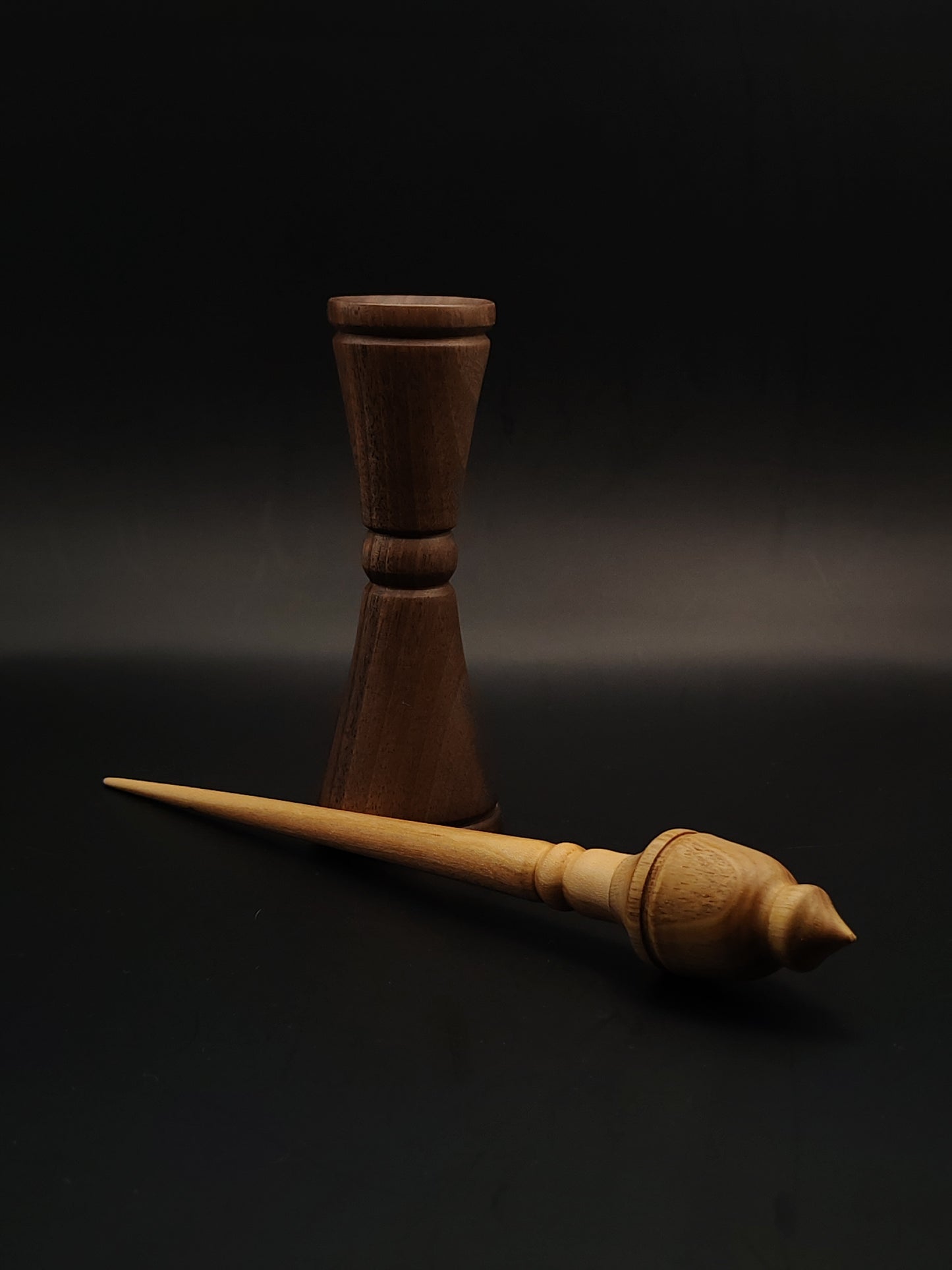Oak Support Spindle Set – 19g / 0.67oz, 22cm / 8.66in – With Walnut Lap Support Bowl | Compact Lightweight Spindle for Supported Spinning | Kravelli Spindles