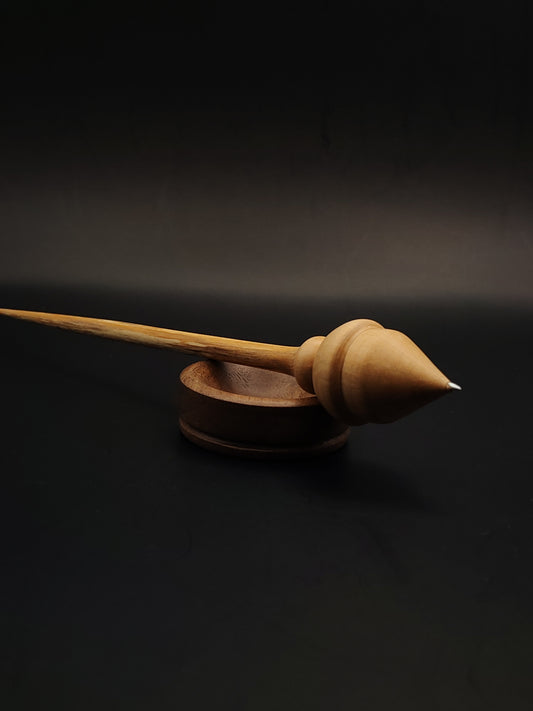 Support Spindle – Alder Shaft, Pear Whorl, Metal Tip – 13g / 0.46oz, 22cm / 8.66in – With Walnut Support Bowl | Lightweight Precision Spindle for Supported Spinning | Kravelli Spindles