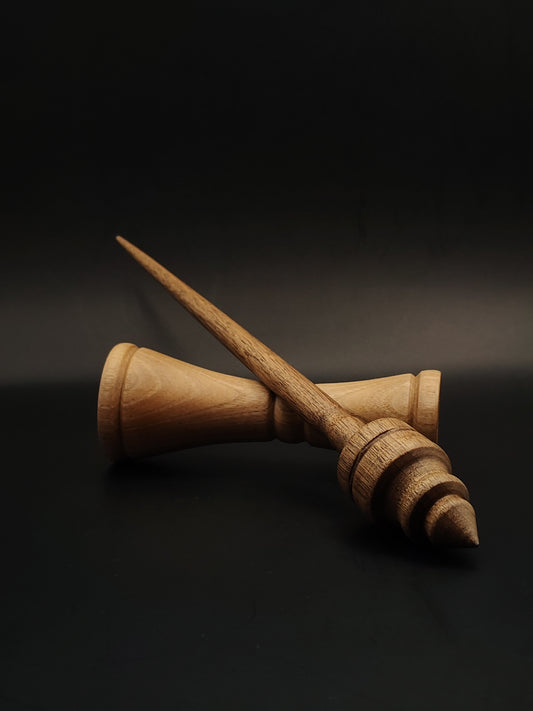 Walnut Support Spindle Set – 22g / 0.77oz, 26cm / 10.23in – With Oak Lap Support Bowl | Medium-Light Spindle for Supported Spinning | Kravelli Spindles