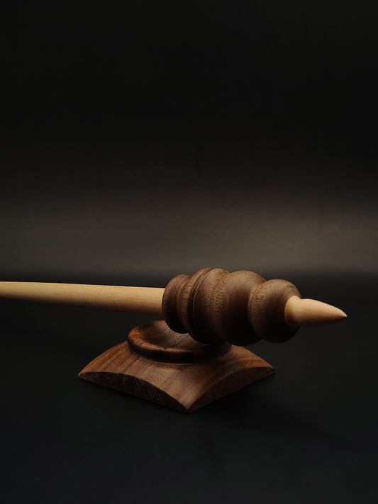 Support Spindle – Apple Shaft, Walnut Whorl – 28g / 0.98oz, 31cm / 12.2in – With Walnut Support Bowl | Long, Balanced Spindle for Supported Spinning | Kravelli Spindles