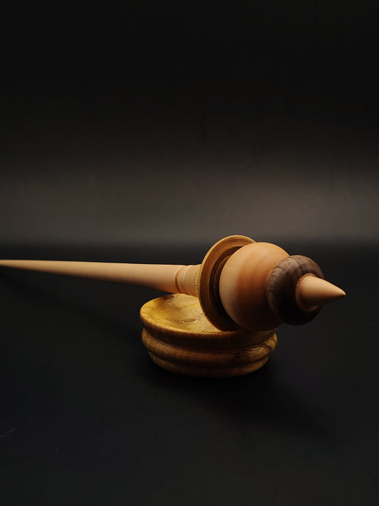 Support Spindle – Apple, Pear, Mulberry & Walnut Wood – 27g / 0.95oz, 27cm / 10.62in – With Mulberry Support Bowl | Artisan Mixed-Wood Spindle for Supported Spinning | Kravelli Spindles
