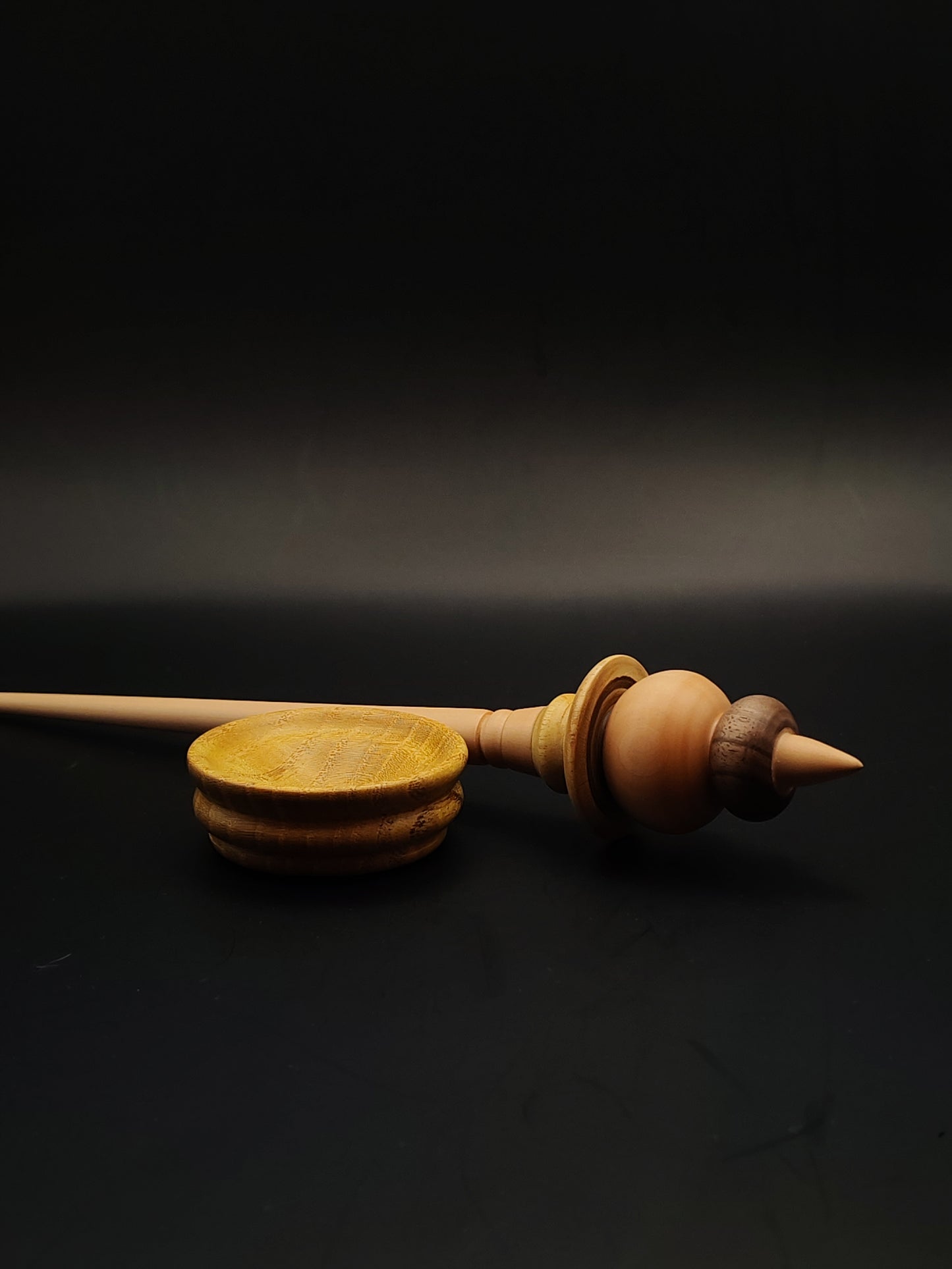 Support Spindle – Apple, Pear, Mulberry & Walnut Wood – 27g / 0.95oz, 27cm / 10.62in – With Mulberry Support Bowl | Artisan Mixed-Wood Spindle for Supported Spinning | Kravelli Spindles