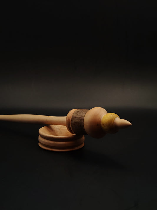 Support Spindle – Apple, Pear, Mulberry & Walnut Wood – 29g / 1.02oz, 30cm / 11.81in – With Pear Support Bowl | Mixed-Wood Spindle for Supported Spinning | Kravelli Spindles