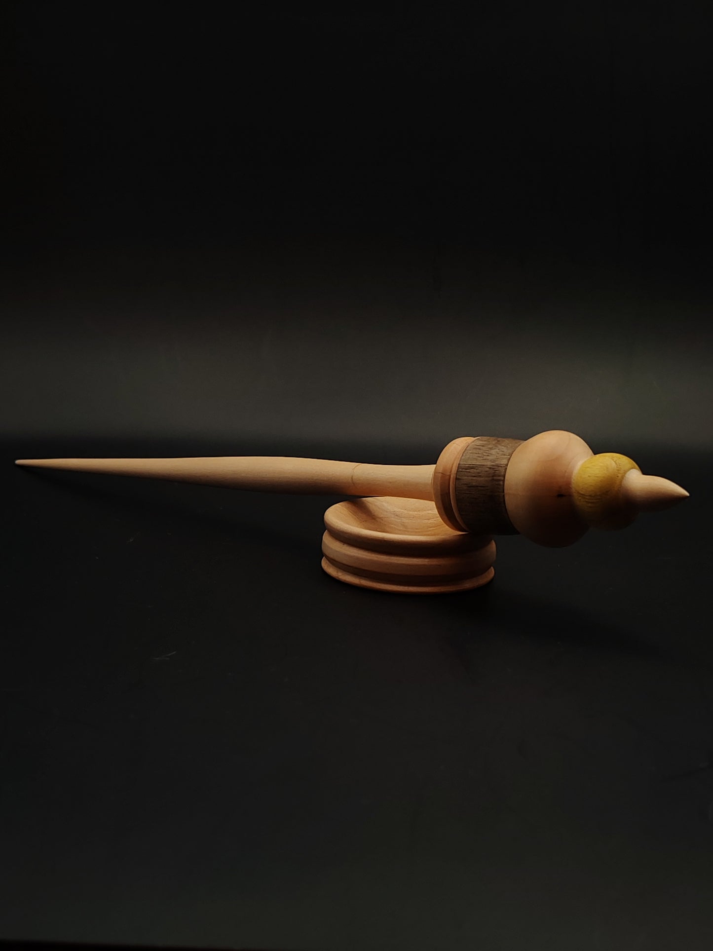Support Spindle – Apple, Pear, Mulberry & Walnut Wood – 29g / 1.02oz, 30cm / 11.81in – With Pear Support Bowl | Mixed-Wood Spindle for Supported Spinning | Kravelli Spindles