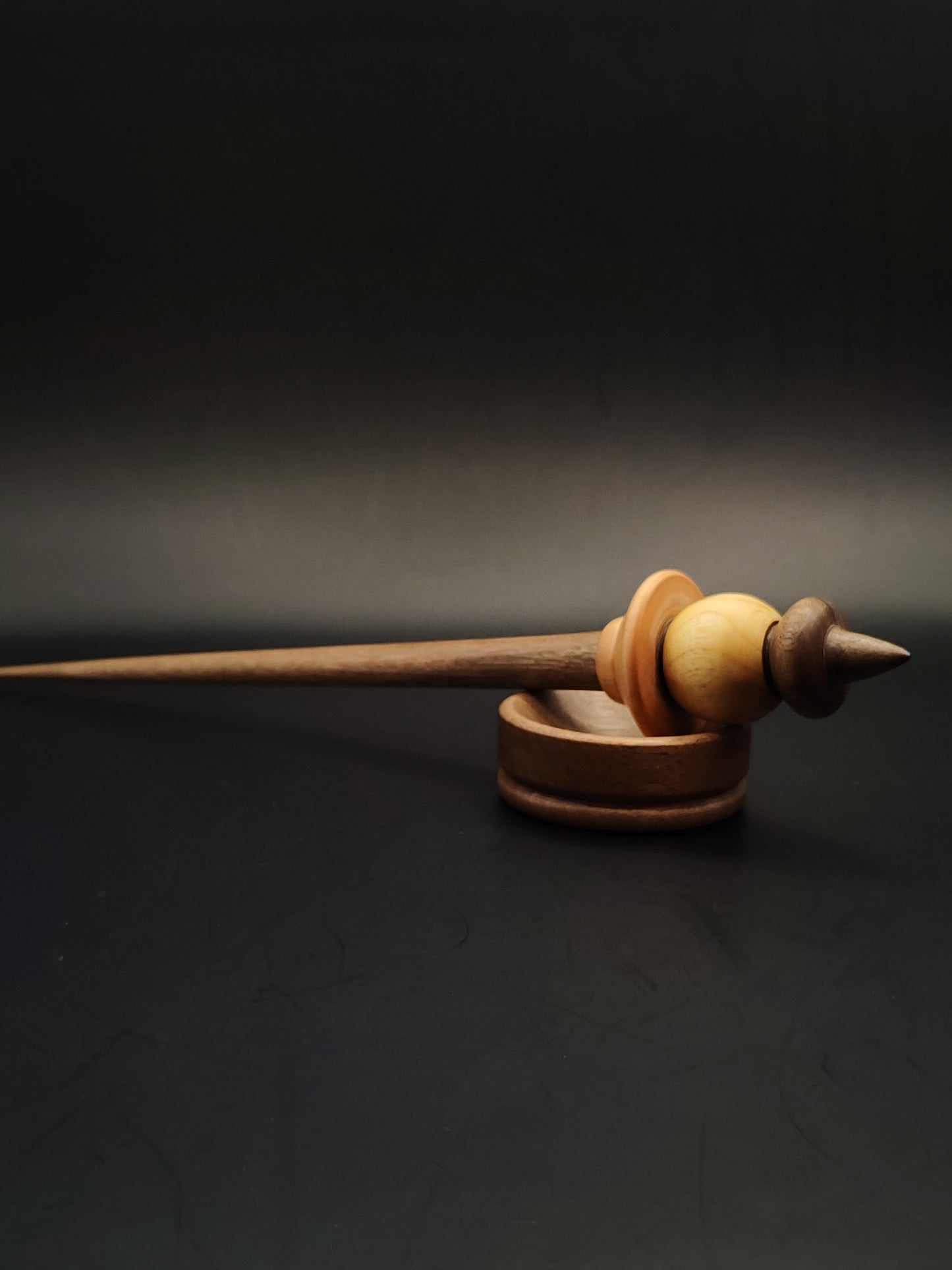 Artisan Support Spindle – 26g / 0.91oz, 27.5cm / 10.82in – Walnut, Pear & Mulberry Wood | With Walnut Support Bowl | Handcrafted Tool for Supported Spinning | Kravelli Spindles