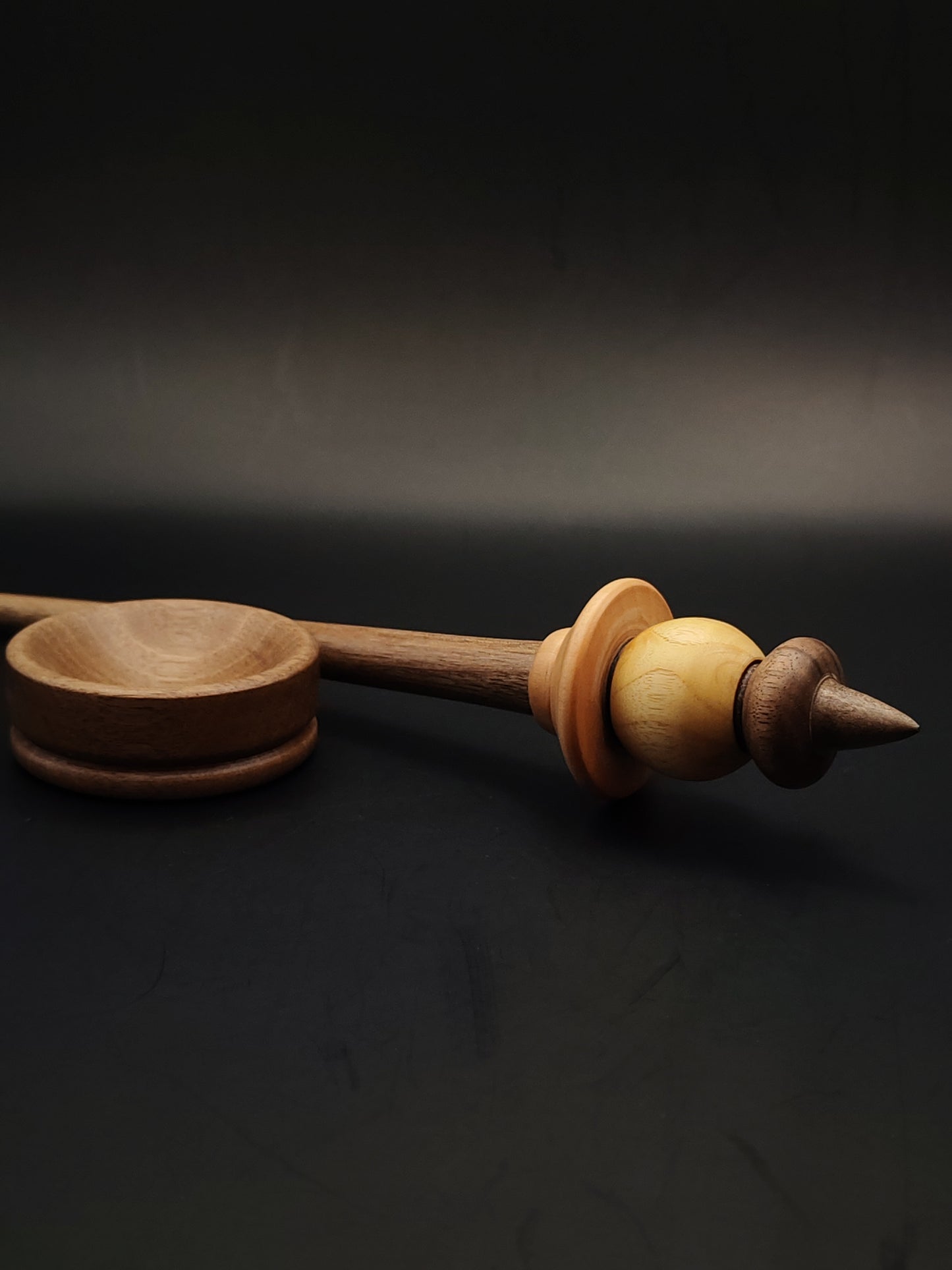 Artisan Support Spindle – 26g / 0.91oz, 27.5cm / 10.82in – Walnut, Pear & Mulberry Wood | With Walnut Support Bowl | Handcrafted Tool for Supported Spinning | Kravelli Spindles