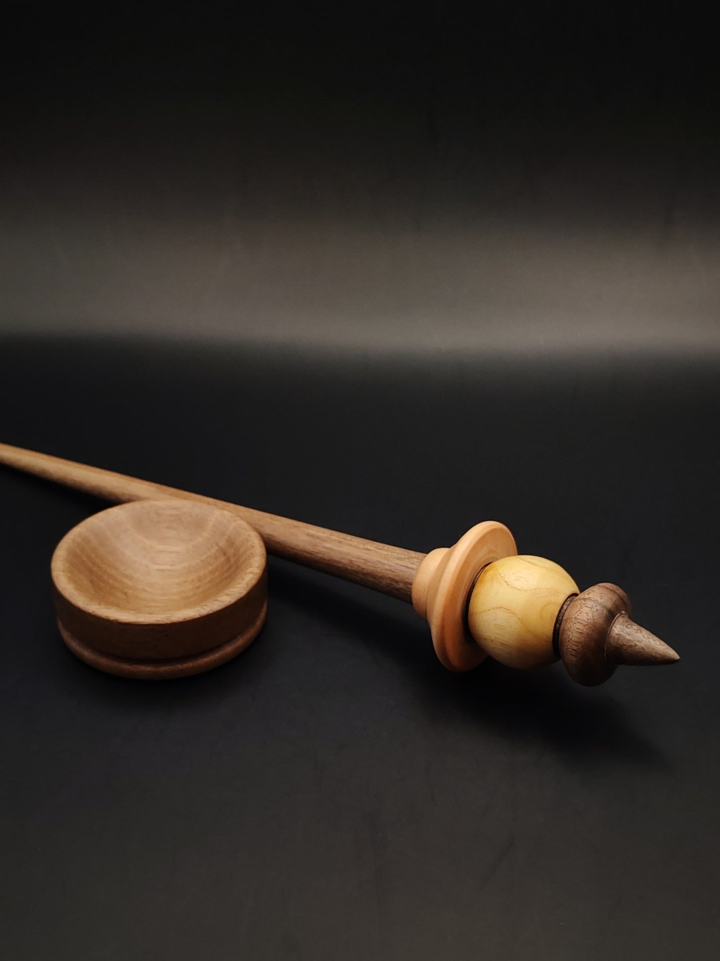 Artisan Support Spindle – 26g / 0.91oz, 27.5cm / 10.82in – Walnut, Pear & Mulberry Wood | With Walnut Support Bowl | Handcrafted Tool for Supported Spinning | Kravelli Spindles