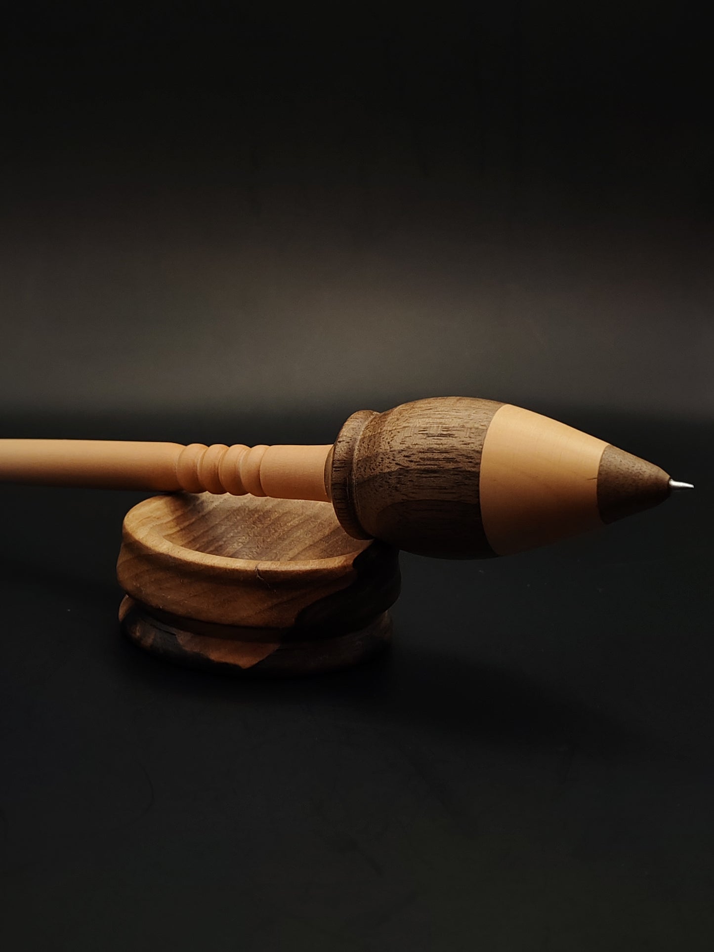 Apple & Walnut Support Spindle with Metal Tip – 29g / 1.02oz, 26cm / 10.23in – With Walnut Support Bowl | Precision Spindle for Supported Spinning