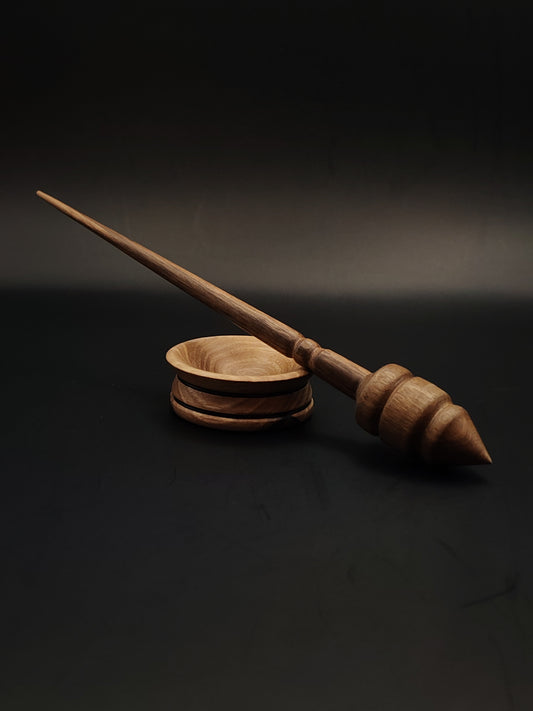Walnut Support Spindle Set – 15g / 0.53oz, 23cm / 9.05in – With Walnut Support Bowl | Lightweight Spindle for Fine Supported Spinning | Kravelli Spindles