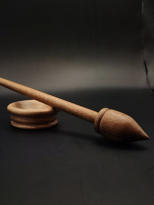 Walnut Support Spindle Set – 21g / 0.74oz, 28cm / 11.02in – With Walnut Support Bowl | Long & Lightweight Spindle for Supported Spinning | Kravelli Spindles