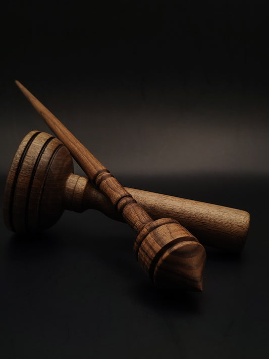 Walnut Support Spindle Set – 22g / 0.77oz, 25cm / 9.84in – With Walnut Lap Support Bowl | Balanced Spindle for Supported Spinning | Kravelli Spindles