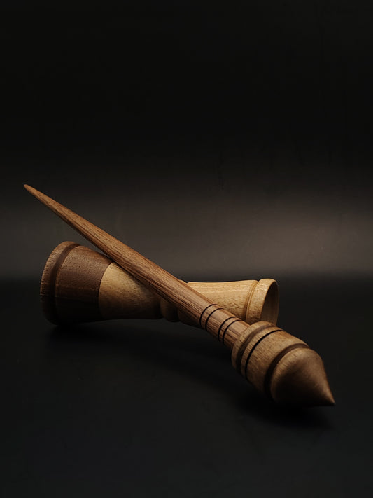 Walnut Support Spindle Set – 25g / 0.88oz, 27cm / 10.62in – With Walnut Lap Support Bowl | Medium-Weight Spindle for Supported Spinning | Kravelli Spindles