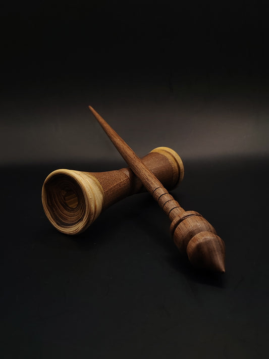 Support Spindle – 18g / 0.63oz, 25.5cm / 10.03in – Walnut Wood | With Acacia & Walnut Lap Bowl | Lightweight Hand Spindle Set | Kravelli