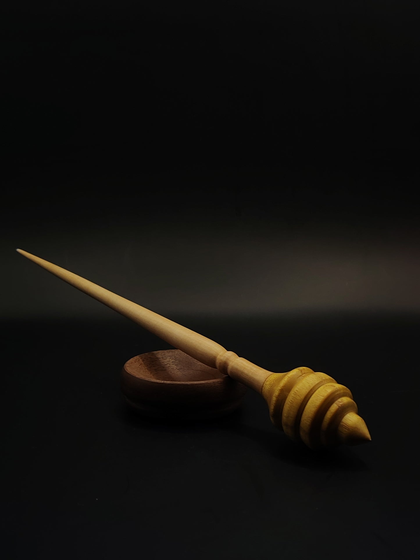 Support Spindle – 16g / 0.56oz, 23.5cm / 9.25in – Apple & Mulberry Wood | With Walnut Support Bowl | Lightweight Spindle for Supported Spinning | Kravelli Spindles