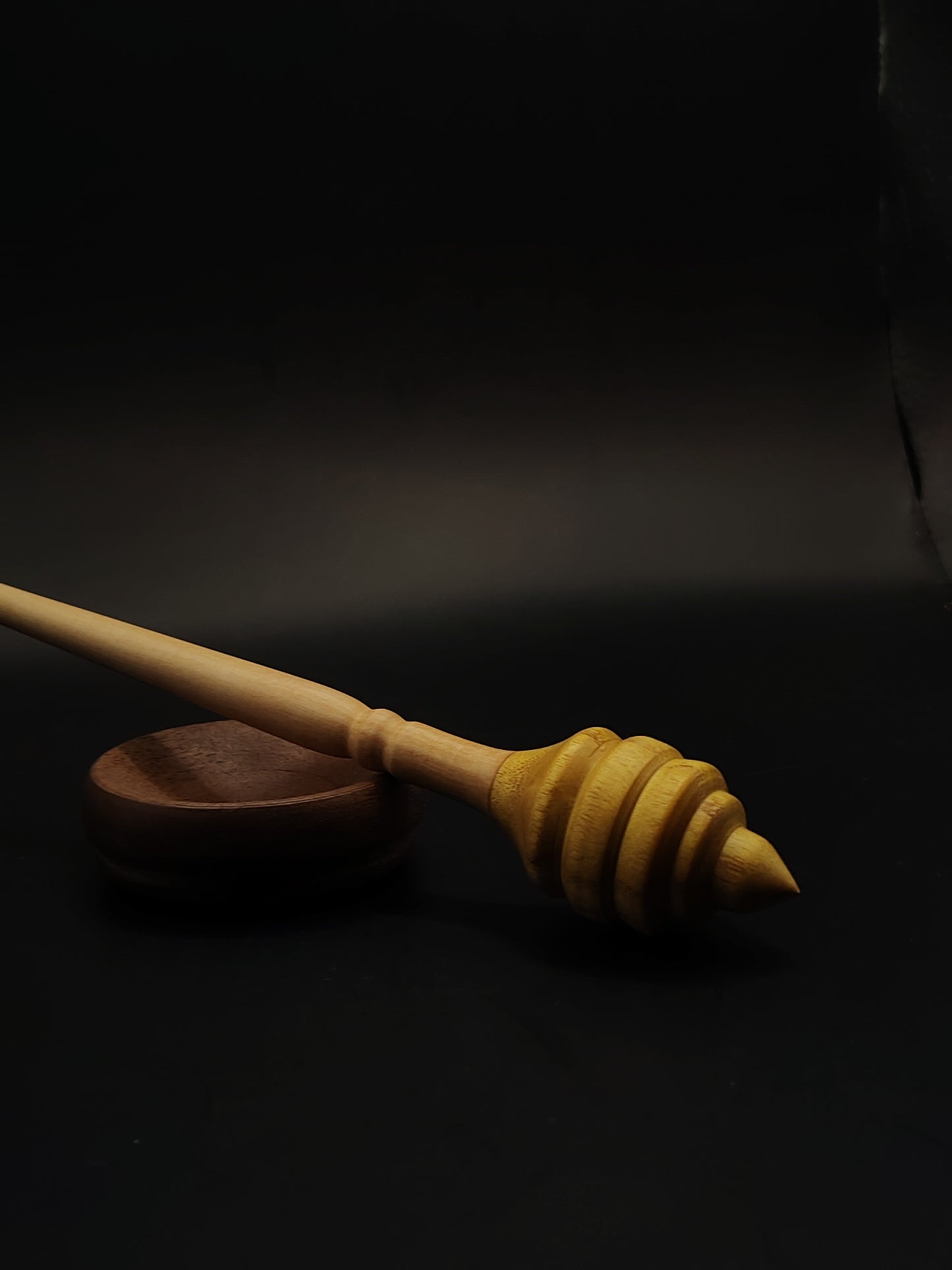 Support Spindle – 16g / 0.56oz, 23.5cm / 9.25in – Apple & Mulberry Wood | With Walnut Support Bowl | Lightweight Spindle for Supported Spinning | Kravelli Spindles