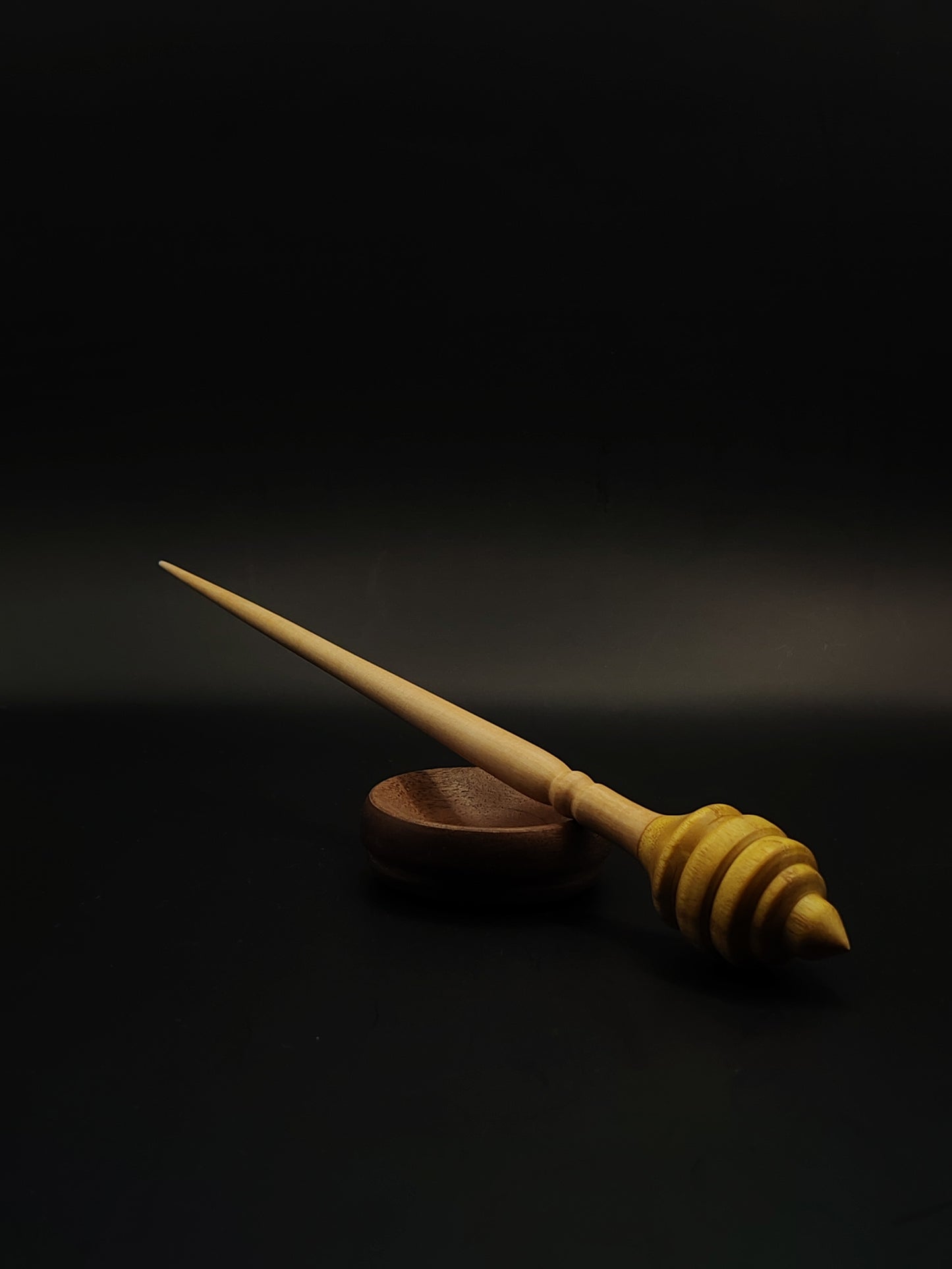 Support Spindle – 16g / 0.56oz, 23.5cm / 9.25in – Apple & Mulberry Wood | With Walnut Support Bowl | Lightweight Spindle for Supported Spinning | Kravelli Spindles